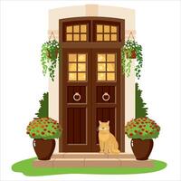 The front door with potted flowers and a sitting cat. Entrance composition with doors, blooming flowers and potted shrubs, stone steps and a red cat. vector