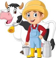 dibujos animados pequeño granjero con vaca y Leche Cubeta vector
