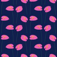 anturio rosado flores, sin costura modelo. verano floral ilustración en un oscuro antecedentes. brillante primavera botánico imprimir, moderno estilo diseño vector