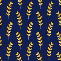 eucalipto ramas con amarillo hojas, sin costura modelo en un oscuro azul antecedentes. leña menuda de árbol planta. botánico verano ilustración. moderno estilo diseño vector