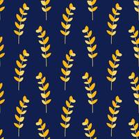 Eucalyptus branches with yellow leaves, seamless pattern on a dark blue background. Twigs of tree plant. Botanical summer illustration. Modern style design vector
