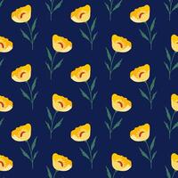 sin costura modelo con amarillo flores silvestres en un oscuro azul antecedentes. prado flores, floral verano ilustración. brillante primavera botánico imprimir, moderno estilo diseño vector