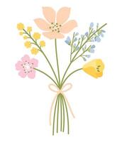 Bouquet with alstroemeria, poppy flowers, and herbs. Floral bunch tied with ribbon. Delicate flowers, and wild meadow plants for design projects, illustration vector