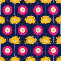 Seamless pattern with gerbera and zinnia flowers on a dark blue background. Summer bright floral illustration. Spring botanical print, modern style design vector