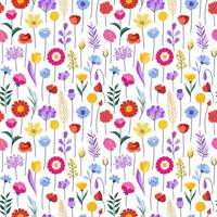 Wildflowers seamless pattern, beige background. Bright and colorful meadow herbs and flowers. Floral summer illustration. Botanical background, modern style design vector