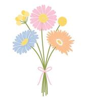 Bouquet with gerbera, aster, marguerite flowers, and herbs. Floral bunch tied with ribbon. Delicate flowers, and wild meadow plants for design projects, illustration vector
