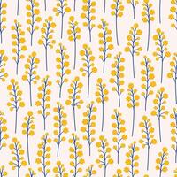 Branch with mimosa flowers, seamless pattern. Floral twigs on a beige background. Meadow botanical print, wildflowers vector