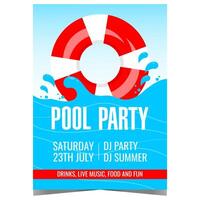 Pool party invitation banner or poster with red white inflatable lifebuoy on blue swimming pool waves with splashes. Flat illustration for summer entertainment event, birthday celebration. vector