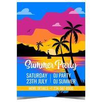 Summer party invitation for exotic and tropical entertainment event. Poster, banner or flyer with bright sunset, palm trees, hills, birds in the colourful sky and sailboat at sea. vector