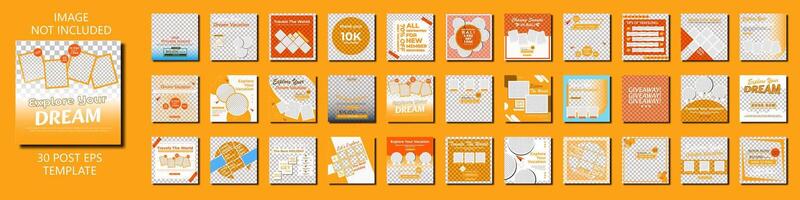 travel post template collection 30 editable layout template in blue and orange color, Set of editable minimal square banner travel promotoion vector