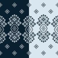 Traditional ethnic motifs ikat geometric fabric pattern cross stitch.Ikat embroidery Ethnic oriental Pixel navy blue background. Abstract,illustration. Texture,decoration,wallpaper. vector