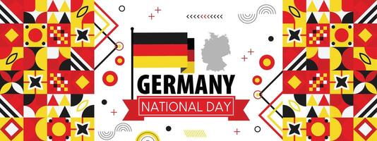 Alemania nacional día o Deutschland bandera con retro resumen geométrico formas, Berlina paisaje puntos de referencia alemán bandera y mapa. rojo amarillo negro colores esquema. alemán unidad día. vector