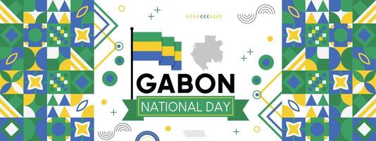 Gabon national or independence day banner for country celebration. Flag and map of Gabon Modern retro design with typorgaphy abstract geometric icons. vector
