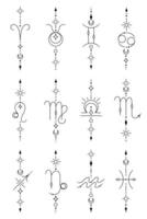 Set of zodiac sign and symbol blackwork tattoo. Sacred geometry horoscope tattoo design collection, mystic symbol of constellation. New school dotwork, line art minimalist style tattoo. vector