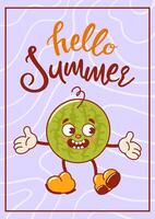 Hello summer. Cool dancing groovey watermelon, cute retro cartoon character. Vintage trendy old style. For sale, cards and banners. fruit Graphic Design for T-shirt Street Wear and Urban Style vector