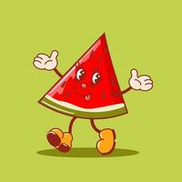 Hello summer. Cool running watermelon slice, cute retro cartoon character. Vintage trendy old style. For sale, cards and banners. Fruit graphic design for posters, design elements vector