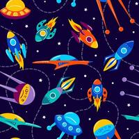 Bright multi-colored rockets in space, seamless pattern. Galaxy, dreams, universe. Space trip. Flight among planets and stars. Shuttle, UFO, future. For wallpaper, fabric, background. Hand drawn vector