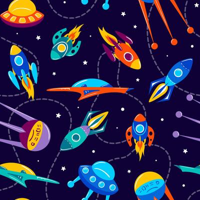 Bright multi-colored rockets in space, seamless pattern. Galaxy, dreams, universe. Space trip. Flight among planets and stars. Shuttle, UFO, future. For wallpaper, fabric, background. Hand drawn