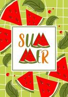 Hello summer. Ripe juicy watermelon on a checkered tablecloth. Illustration in kawaii style. Cool, vintage. Stylized lettering. Fashionable old style. For cards, banners, sales. vector