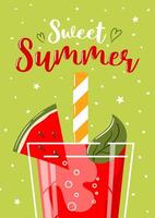 Sweet summer. Watermelon juice with a slice. illustration in retro cartoon style. For menu, cafe, flyer, banner, postcards, banners for sale. vector
