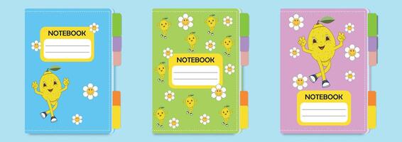 Children's notebook cover template. Set of title page designs with cute daisies and lemon character in groovy style. Cartoon for school notebooks, notepads, children's diaries, coloring books vector