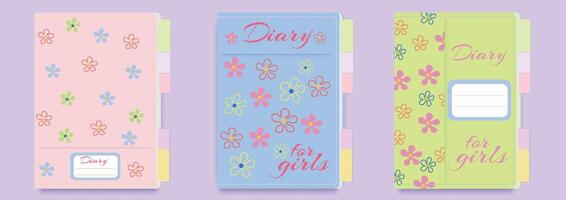 Children's diary cover template for girls with daisies. Set of title page designs for school notebooks, notepads, children's diaries, coloring books. Education concept. vector