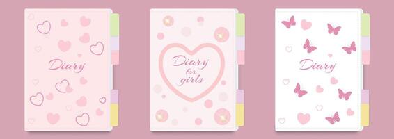 Children's diary cover template for girls with hearts, butterflies and rhinestones on a pink background. Set of title page designs for school notebooks, notepads, children's diaries, coloring books. vector