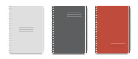 Set of notepads with metal spiral. White, black, red notepad design for business and school. Stationery items. Education concept. vector