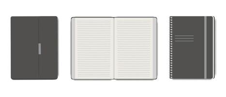 Realistic diary set template. Notebook with a blank open page in a line, a notebook with a clasp, a notebook with a metal spiral. Concilarium items concept. vector