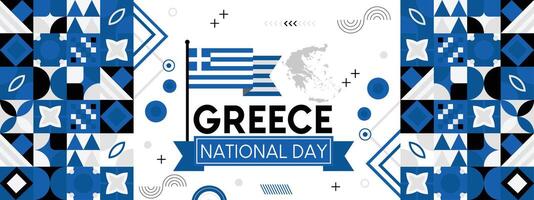 Greece independence day banner with Greek flag colors theme background and geometric abstract retro modern design. celebration of independence day. vector