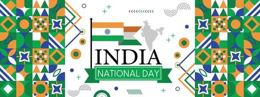 India nacional día bandera con mapa, bandera colores tema antecedentes y geométrico resumen retro moderno colorido diseño vector