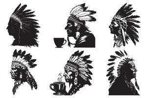 nativo americano tribal jefe tocado plumas silueta, americano indio jefe, hermosa niña vistiendo un indio jefe fuente. vector