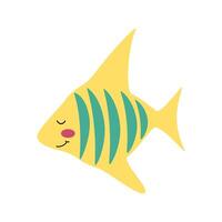 tropical amarillo a rayas pescado con agudo aletas, mar animal. dibujos animados ilustración para pegatinas, para niños libros, productos, habitación decoración. vector