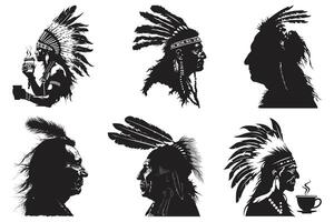 nativo americano tribal jefe tocado plumas silueta, americano indio jefe, hermosa niña vistiendo un indio jefe fuente. vector