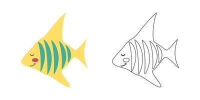 Coloring book tropical yellow striped fish with sharp fins. cartoon illustration for children's coloring books, outline and example in color. vector