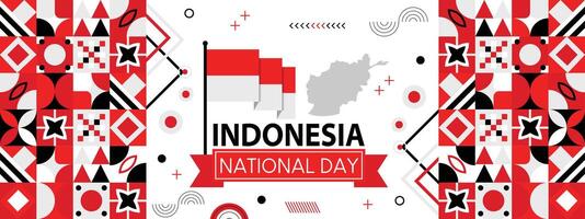 Indonesia national day banner with map, flag colors theme background and geometric abstract retro modern colorfull design vector