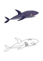 colorante libro púrpura tiburón personaje. dibujos animados ilustración para para niños colorante libros, contorno y ejemplo en color. vector