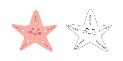 Cute pink starfish character, sea animal. cartoon illustration for children's coloring books, outline and example in color. vector