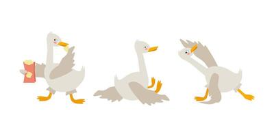 Set of funny cute goose character is engaged in eating chips, doing yoga and getting offended. Mood, activity. cartoon illustration for stickers, packaging, books. vector