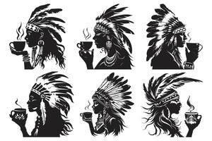 nativo americano tribal jefe tocado plumas silueta, americano indio jefe, hermosa niña vistiendo un indio jefe fuente. vector