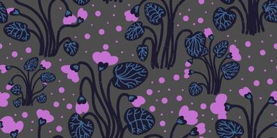 a pattern with purple flowers and dots on a gray background vector