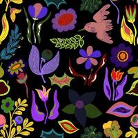 a colorful pattern of flowers and leaves on a black background vector