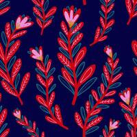 a pattern with red and blue flowers on a dark blue background vector