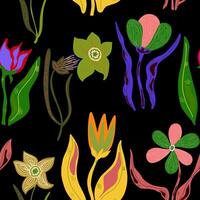 a seamless pattern of flowers on a black background vector