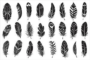 Rustic ethnic decorative feathers set black silhouette, Collection of hand-drawn feathers, Set of decorative animal feathers, Bird feather icon silhouette collection vector