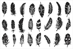 Rustic ethnic decorative feathers set black silhouette, Collection of hand-drawn feathers, Set of decorative animal feathers, Bird feather icon silhouette collection vector
