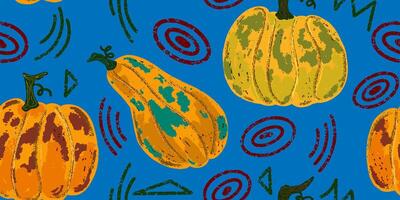 a pattern with pumpkins and other shapes on a blue background vector