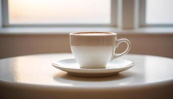 un caliente taza de café en un platillo, conjunto en contra un blanco fondo, fundición un sutil sombra. foto