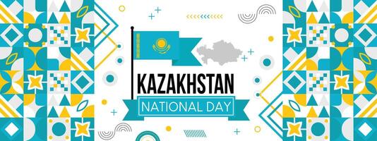 Kazakhstan national or independence day banner design for country celebration. Flag and map of Kazakhstan with modern retro design and abstract geometric icons. vector