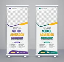 Modern advertising school admission roll up banner template and stand banner design, back to school roll up banner design. vector